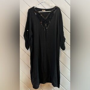LINA TOMEI Black Linen Dress with Embroidered Neckline